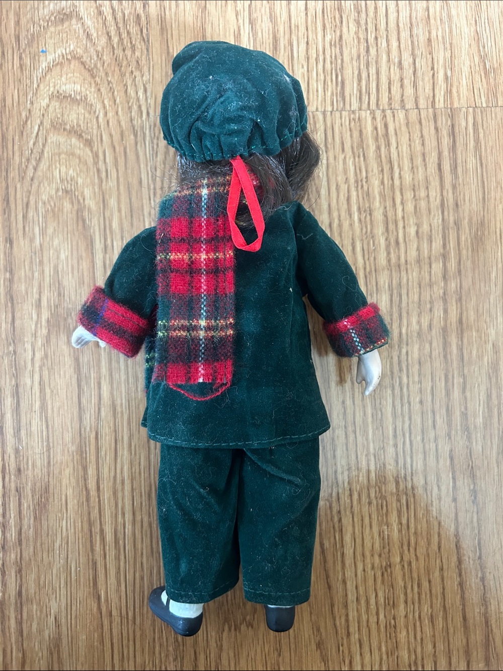 Green Velvet Holiday Doll with Red Plaid Scarf - Picture 3 of 4